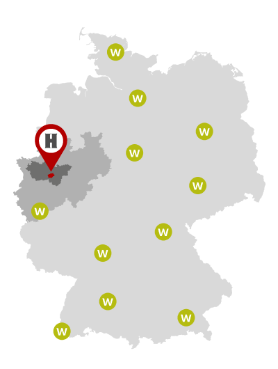 Kartengrafik des Einzugsgebietes des Werbetechnikers Hennerkes Licht und Werbung aus Bochum, Ruhrgebiet, Nordrhein-Westfalen, Deutschland